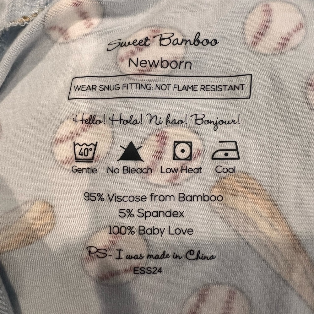 SWEET BAMBOO Baseball Print Kids One Piece SIZE NB - Picture 3 of 7